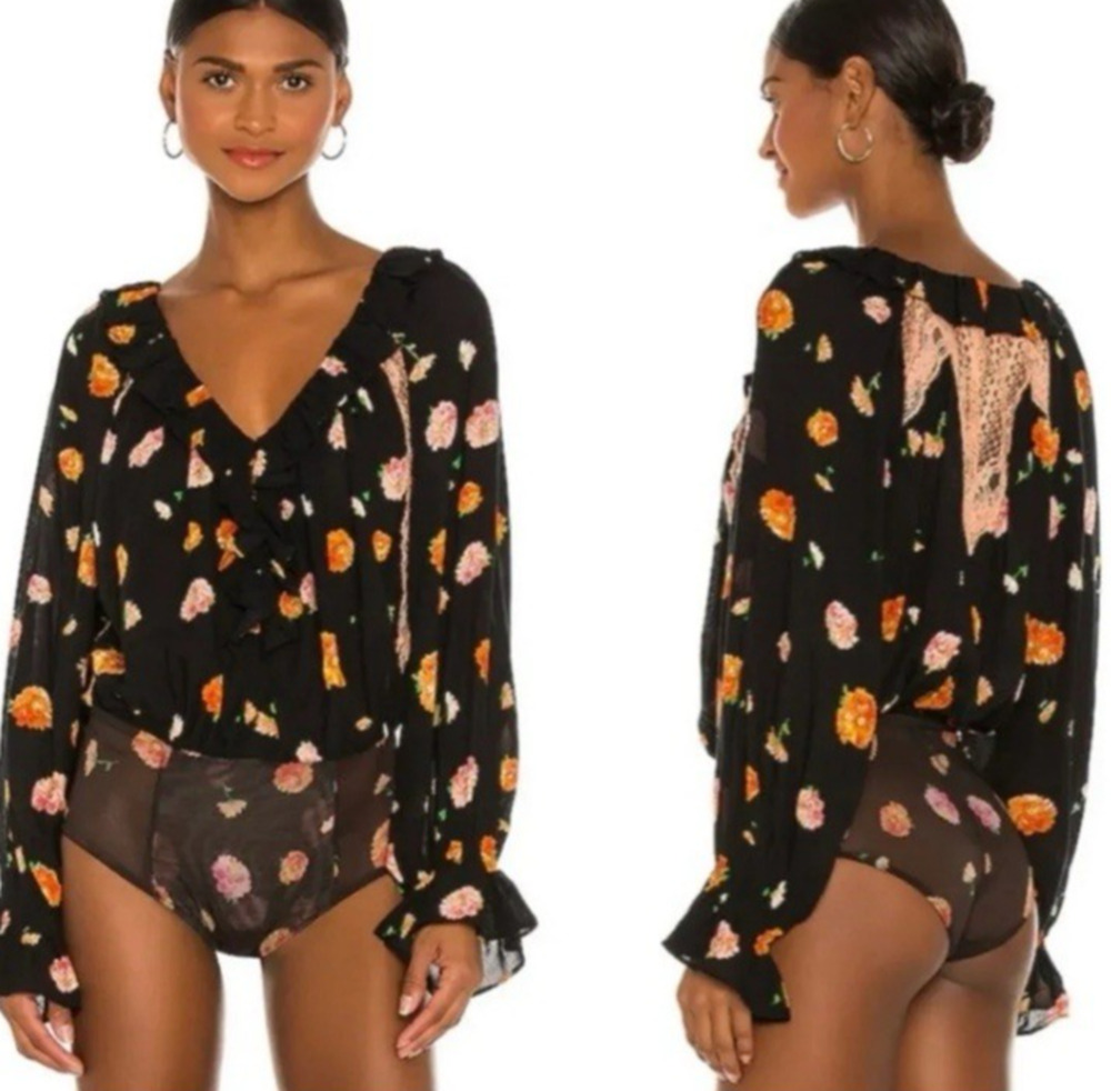 FREE PEOPLE Poppy Printed Bodysuit Black Floral Lace‎ Cottagecore Boho Retro S